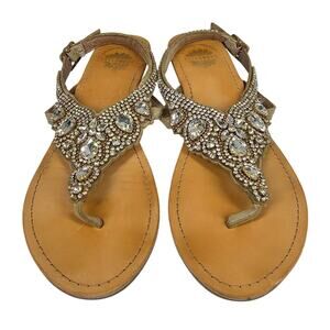 YELLOW BOX “VICTORIA” EMBELLISHED THONG STRAPPY WEDGE TAN SANDALS – WOMEN’S 7.5
